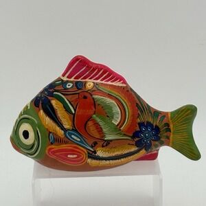 Talavera Fish Figurine Mexico Folk Art Redware Hand Painted Floral Handmade Bird